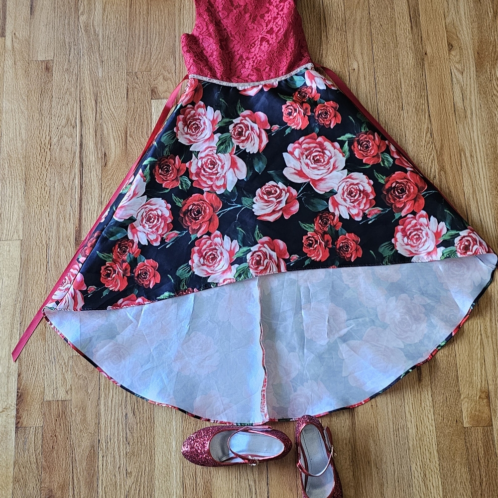 Floral Kids Dress with Red and Black Design